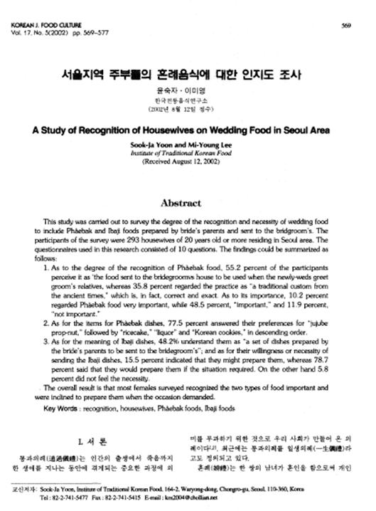 『서울지역 주부들의 혼례음식에 대한 인지도 조사』  2002. 08 관련 이미지